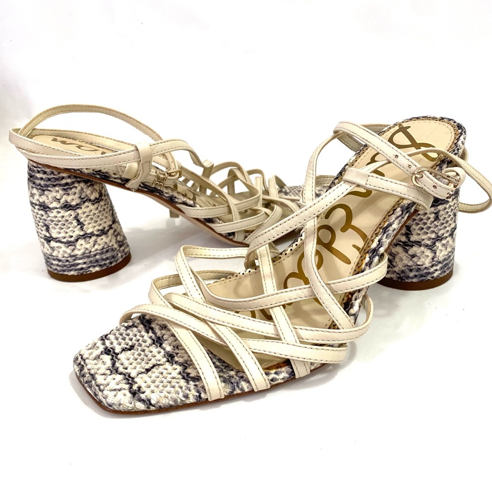 Sam Edelman Daffodil Leather Sandal Snake Print Ivory Round Block Heel Size 8